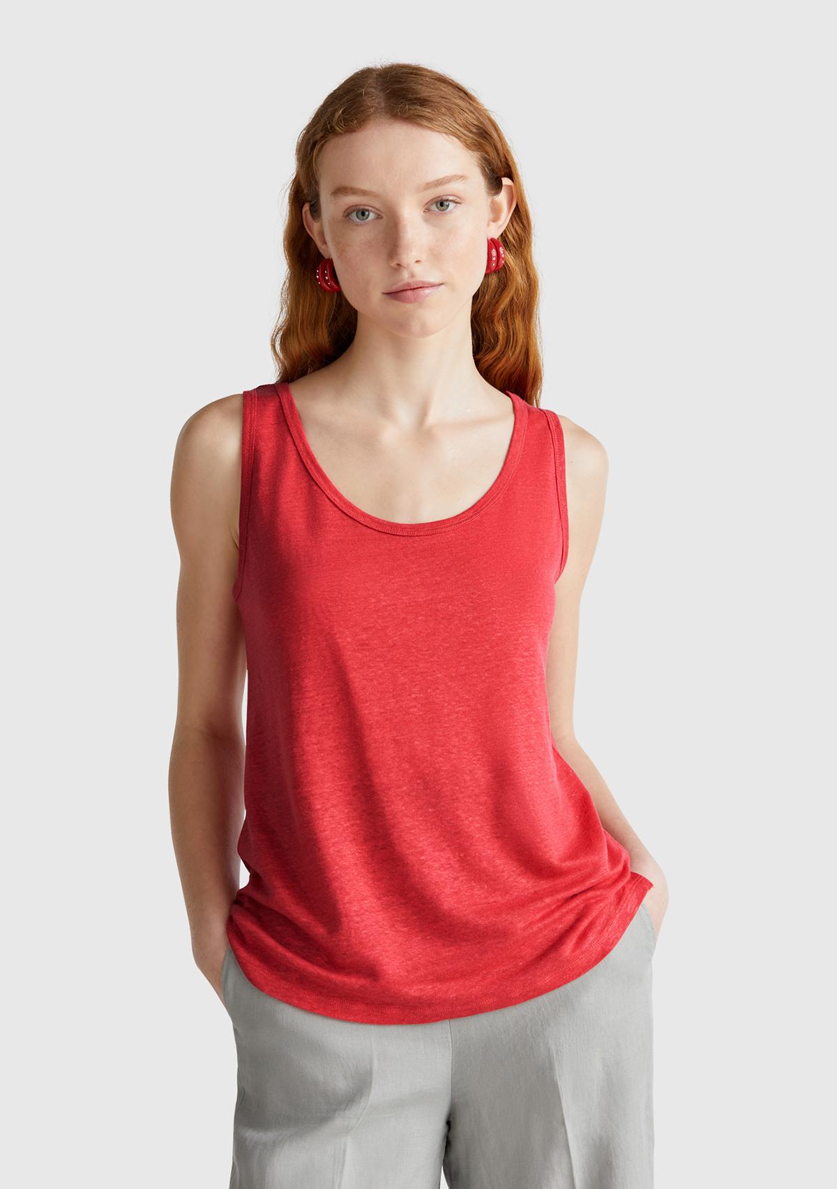  Kadın Mercan %100 Keten Yanları Yırtmaçlı Regular Fit Yuvarlak Yaka Atlet