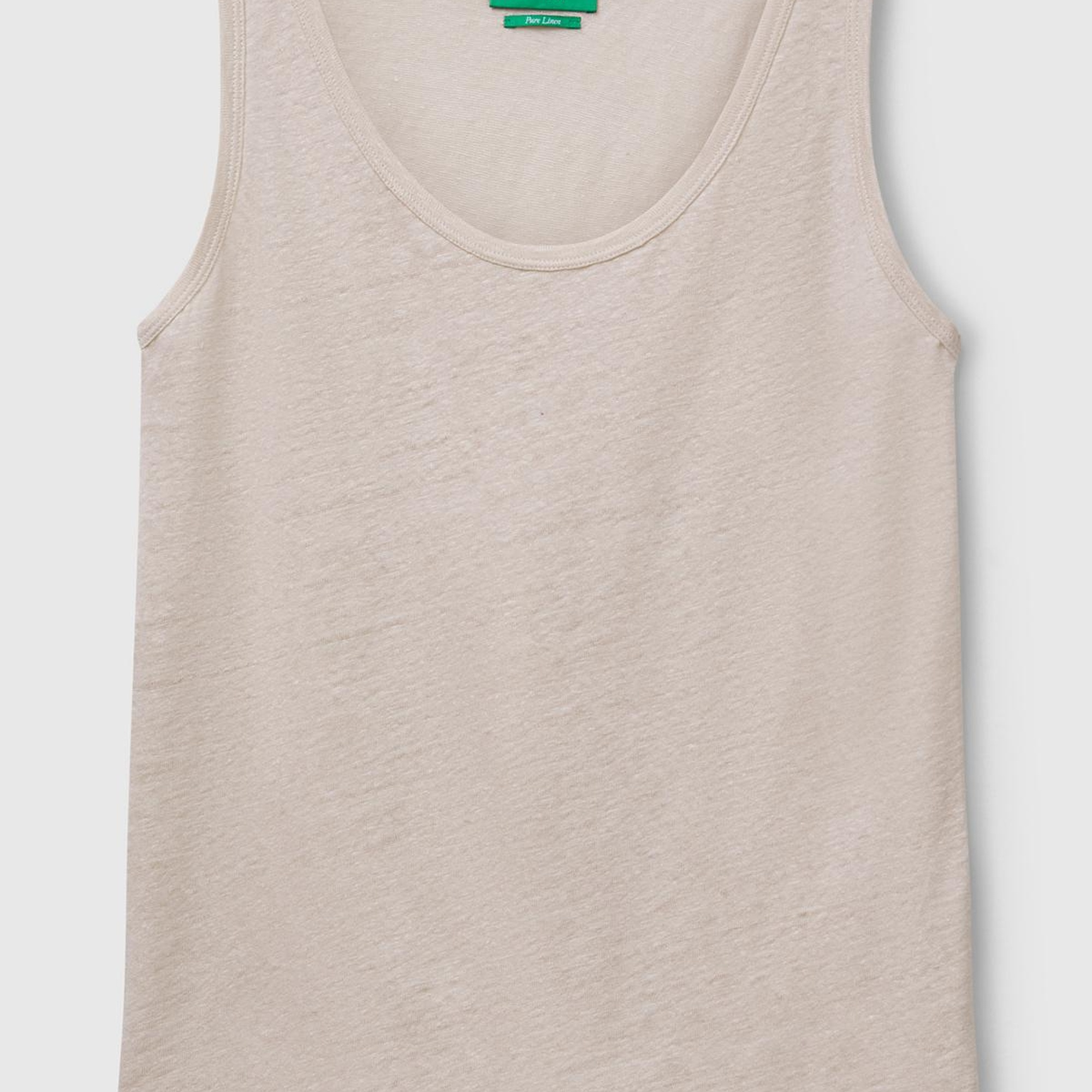 Kadın Taş Rengi %100 Keten Yanları Yırtmaçlı Regular Fit Yuvarlak Yaka Atlet