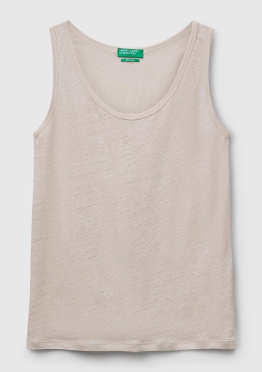  Kadın Taş Rengi %100 Keten Yanları Yırtmaçlı Regular Fit Yuvarlak Yaka Atlet