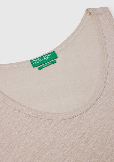  Kadın Taş Rengi %100 Keten Yanları Yırtmaçlı Regular Fit Yuvarlak Yaka Atlet