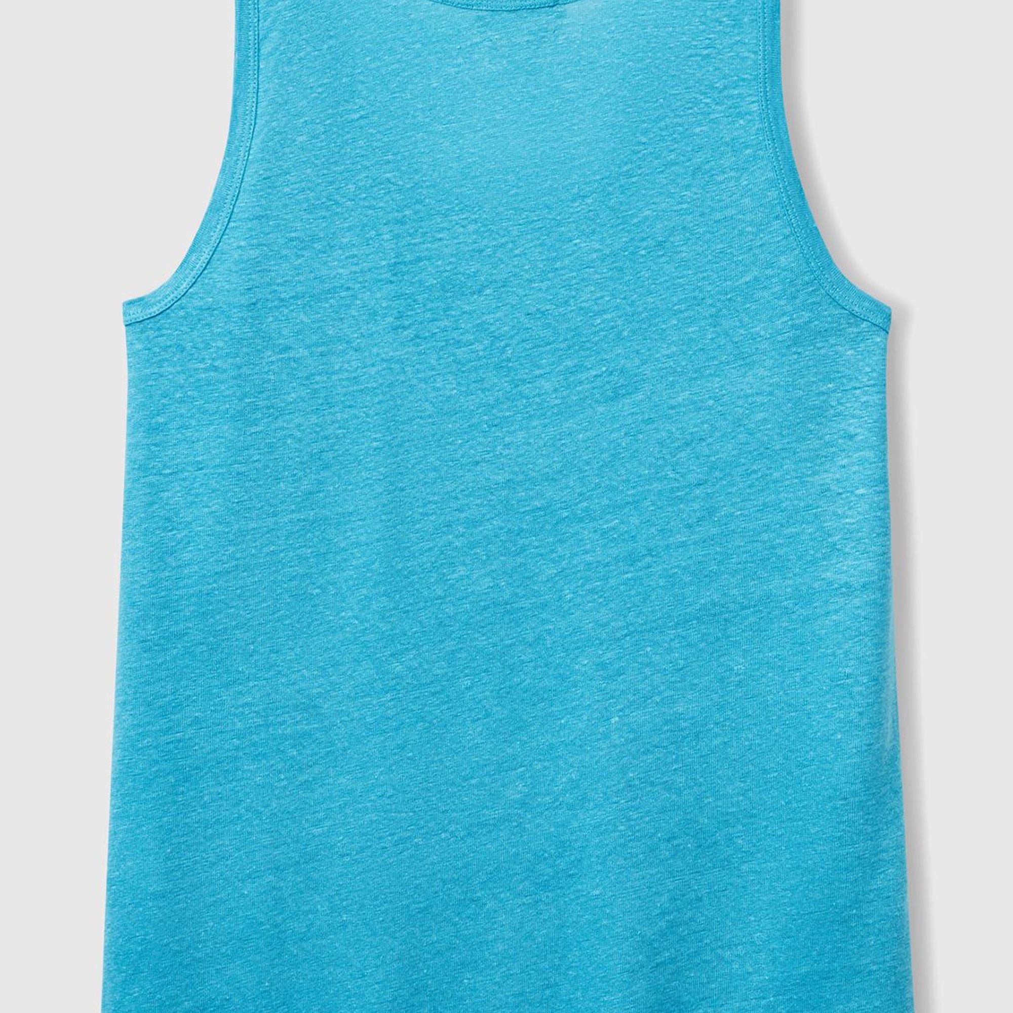 Kadın Mavi %100 Keten Yanları Yırtmaçlı Regular Fit Yuvarlak Yaka Atlet