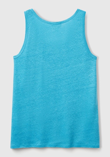  Kadın Mavi %100 Keten Yanları Yırtmaçlı Regular Fit Yuvarlak Yaka Atlet