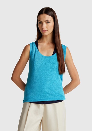  Kadın Mavi %100 Keten Yanları Yırtmaçlı Regular Fit Yuvarlak Yaka Atlet