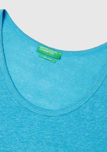  Kadın Mavi %100 Keten Yanları Yırtmaçlı Regular Fit Yuvarlak Yaka Atlet