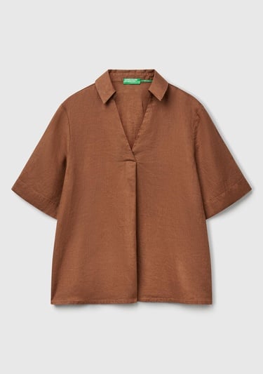  Kadın Kahverengi %100 Keten Relax Fit V Gömlek Yakalı Kısa Kollu Bluz