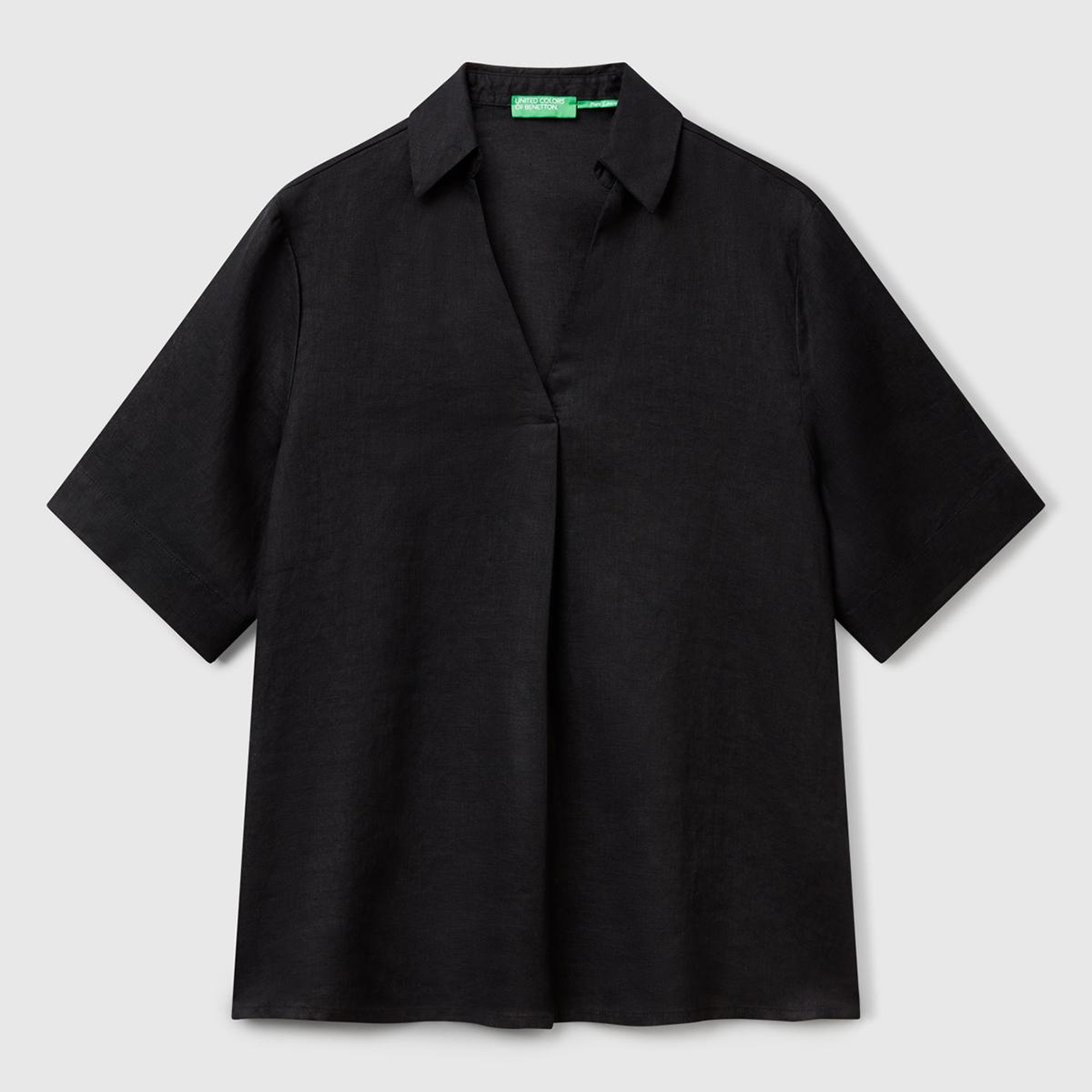 Kadın Siyah %100 Keten Relax Fit V Gömlek Yakalı Kısa Kollu Bluz