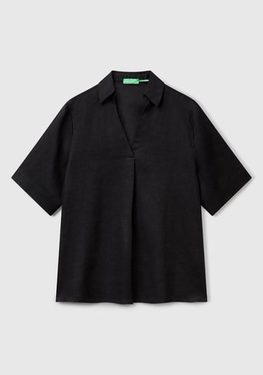  Kadın Siyah %100 Keten Relax Fit V Gömlek Yakalı Kısa Kollu Bluz