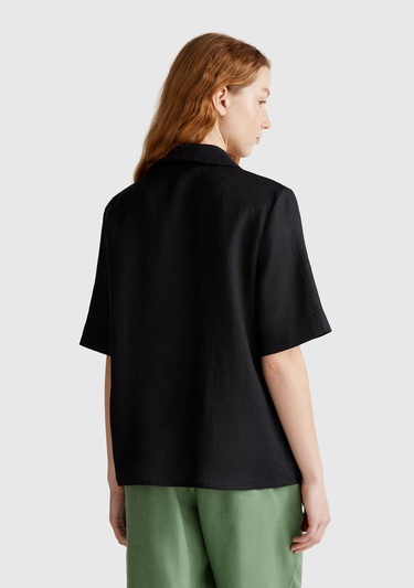  Kadın Siyah %100 Keten Relax Fit V Gömlek Yakalı Kısa Kollu Bluz