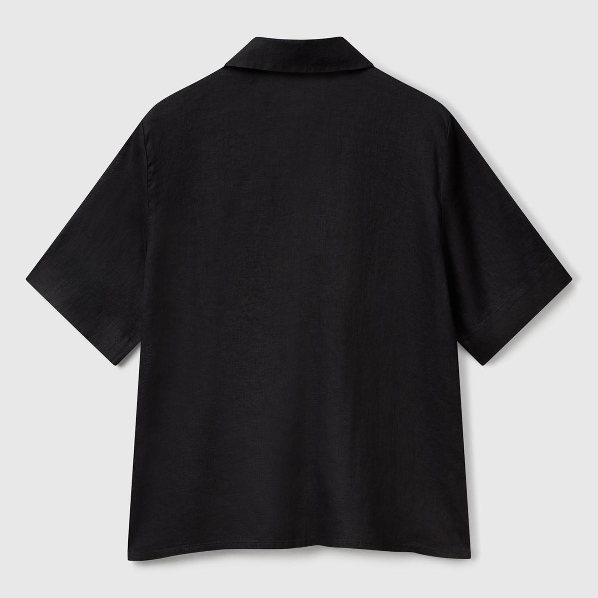 Kadın Siyah %100 Keten Relax Fit V Gömlek Yakalı Kısa Kollu Bluz