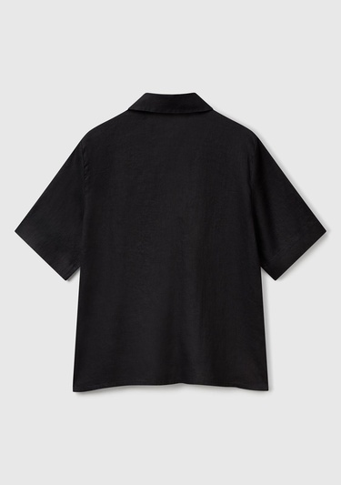  Kadın Siyah %100 Keten Relax Fit V Gömlek Yakalı Kısa Kollu Bluz