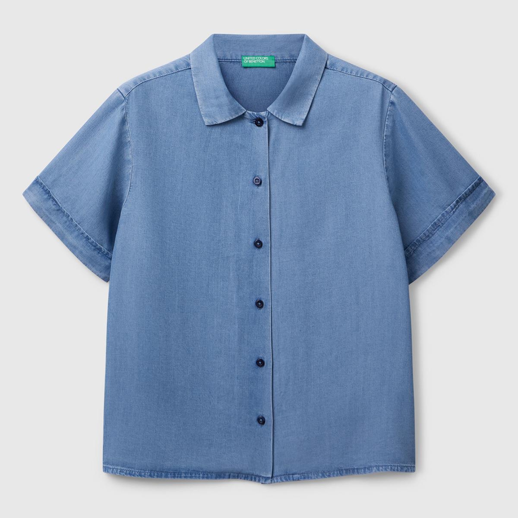 Kadın Açık Mavi %100 Liyosel Kısa Kollu Denim Gömlek