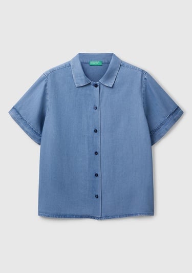  Kadın Açık Mavi %100 Liyosel Kısa Kollu Denim Gömlek