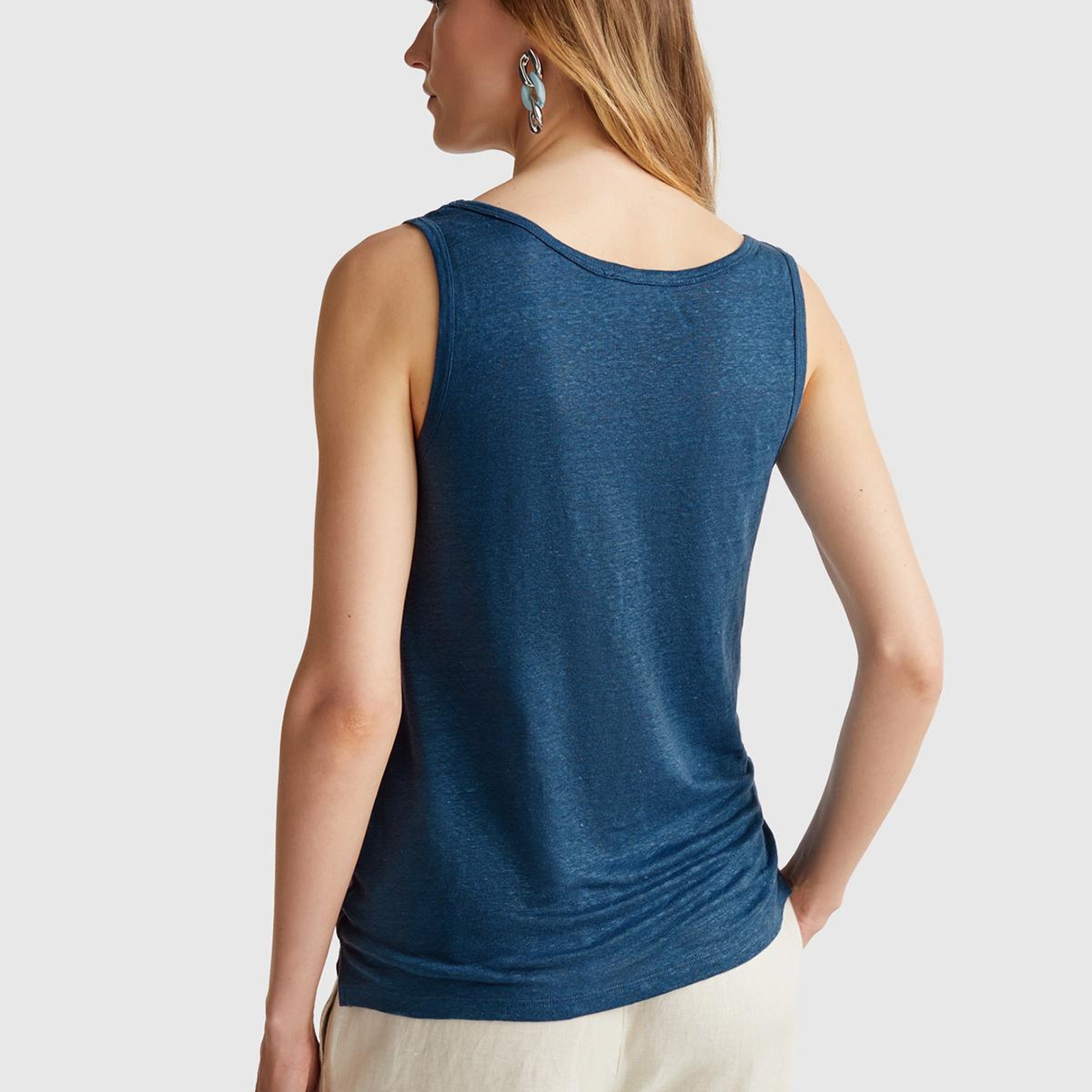 Kadın Denim %100 Keten Yanları Yırtmaçlı Regular Fit Yuvarlak Yaka Atlet