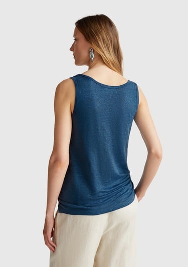  Kadın Denim %100 Keten Yanları Yırtmaçlı Regular Fit Yuvarlak Yaka Atlet