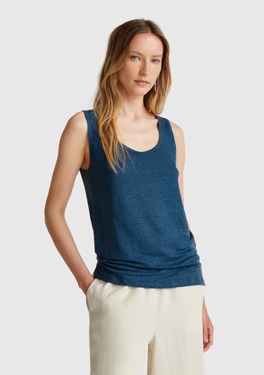  Kadın Denim %100 Keten Yanları Yırtmaçlı Regular Fit Yuvarlak Yaka Atlet