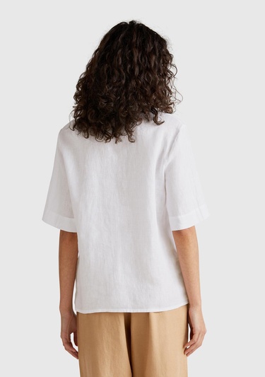  Kadın Beyaz %100 Keten Relax Fit V Gömlek Yakalı Kısa Kollu Bluz