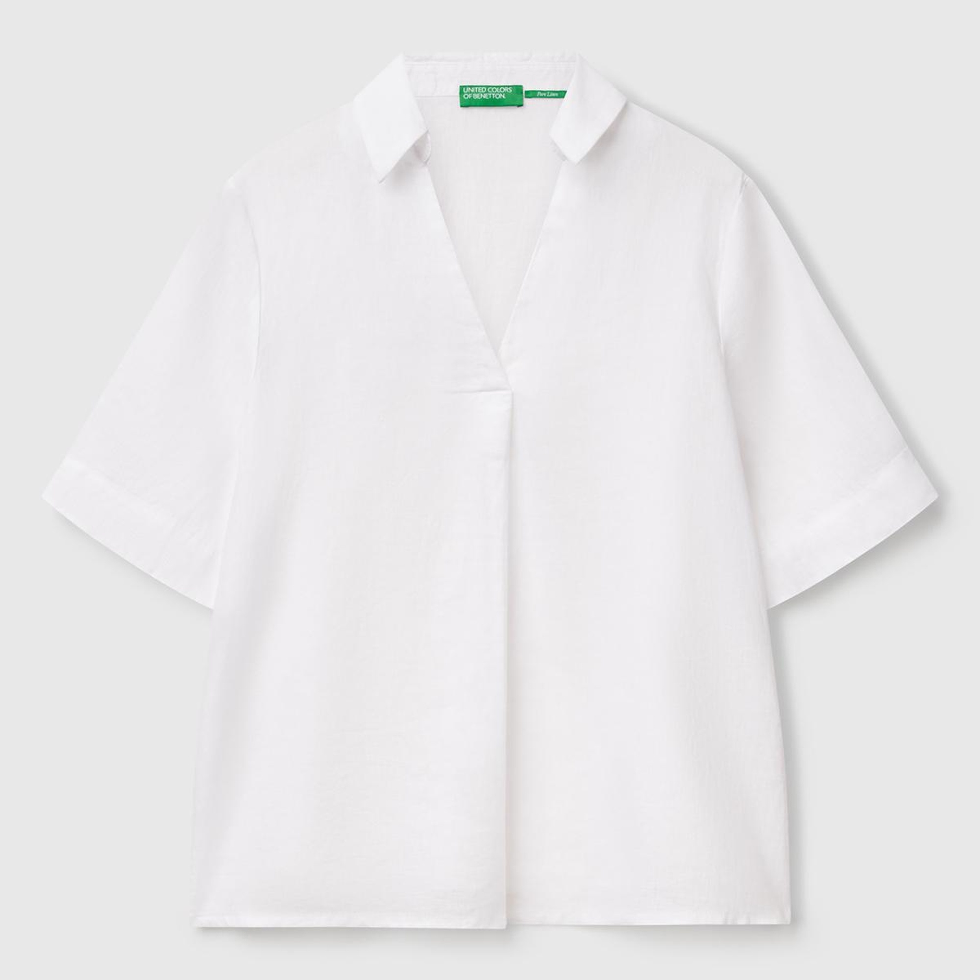 Kadın Beyaz %100 Keten Relax Fit V Gömlek Yakalı Kısa Kollu Bluz