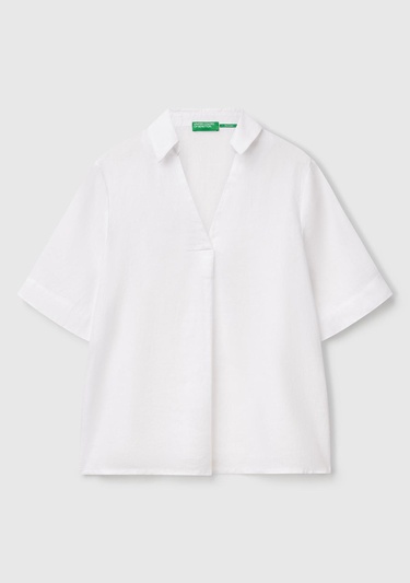  Kadın Beyaz %100 Keten Relax Fit V Gömlek Yakalı Kısa Kollu Bluz