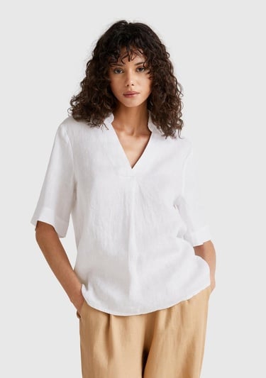  Kadın Beyaz %100 Keten Relax Fit V Gömlek Yakalı Kısa Kollu Bluz
