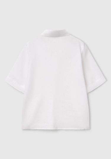  Kadın Beyaz %100 Keten Relax Fit V Gömlek Yakalı Kısa Kollu Bluz