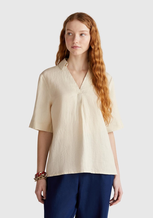  Kadın Taş Rengi %100 Keten Relax Fit V Gömlek Yakalı Kısa Kollu Bluz