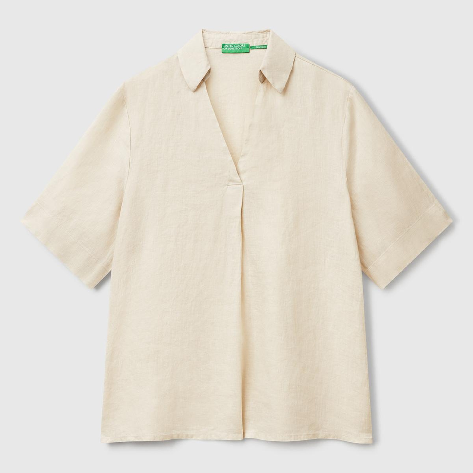 Kadın Taş Rengi %100 Keten Relax Fit V Gömlek Yakalı Kısa Kollu Bluz