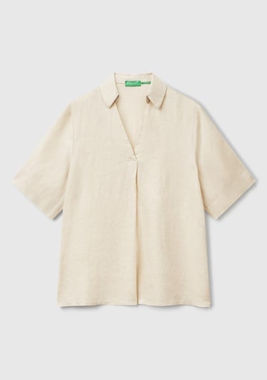  Kadın Taş Rengi %100 Keten Relax Fit V Gömlek Yakalı Kısa Kollu Bluz