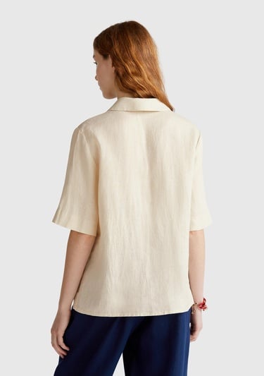  Kadın Taş Rengi %100 Keten Relax Fit V Gömlek Yakalı Kısa Kollu Bluz