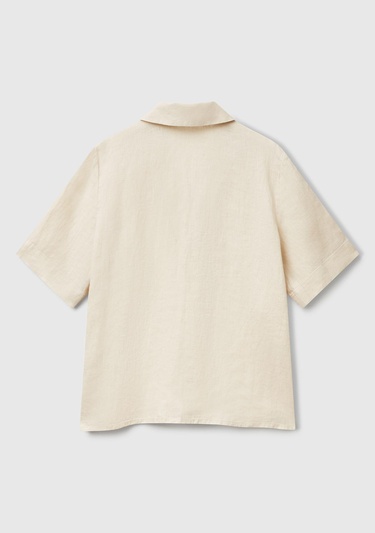  Kadın Taş Rengi %100 Keten Relax Fit V Gömlek Yakalı Kısa Kollu Bluz