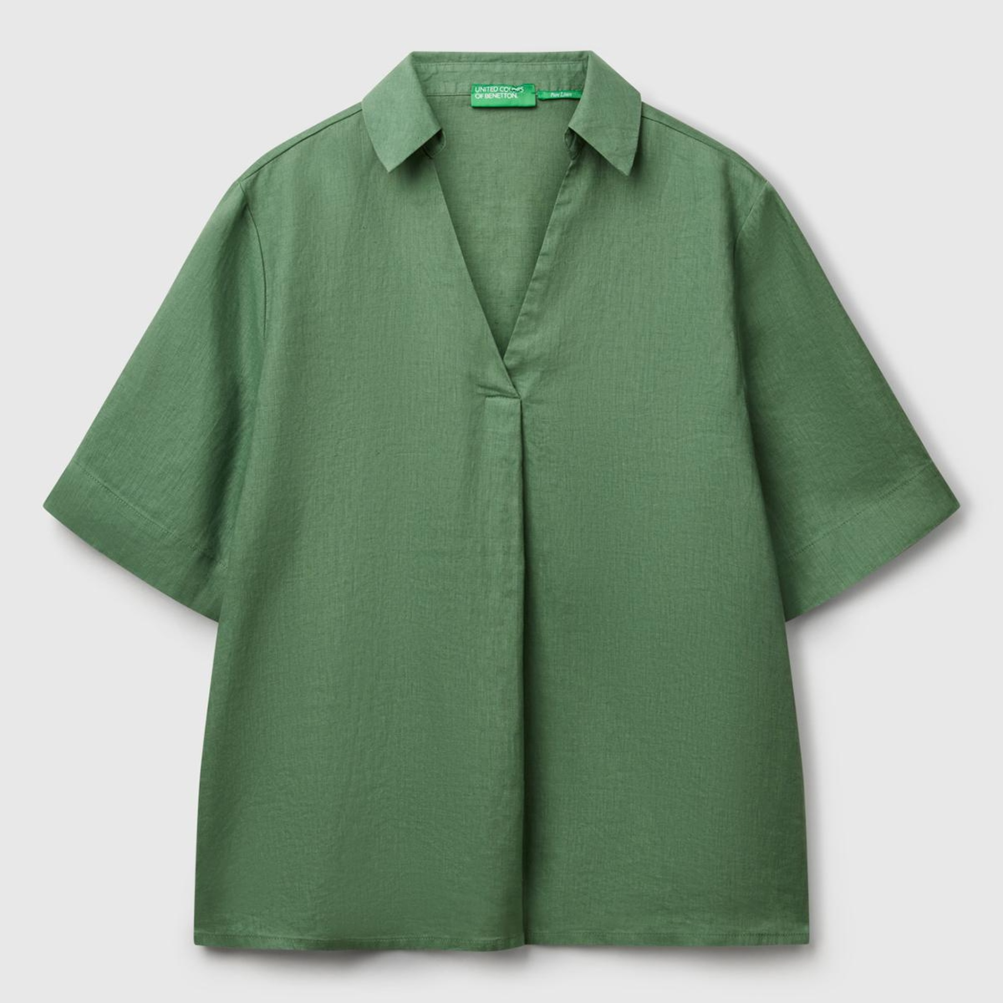 Kadın Açık Yeşil %100 Keten Relax Fit V Gömlek Yakalı Kısa Kollu Bluz