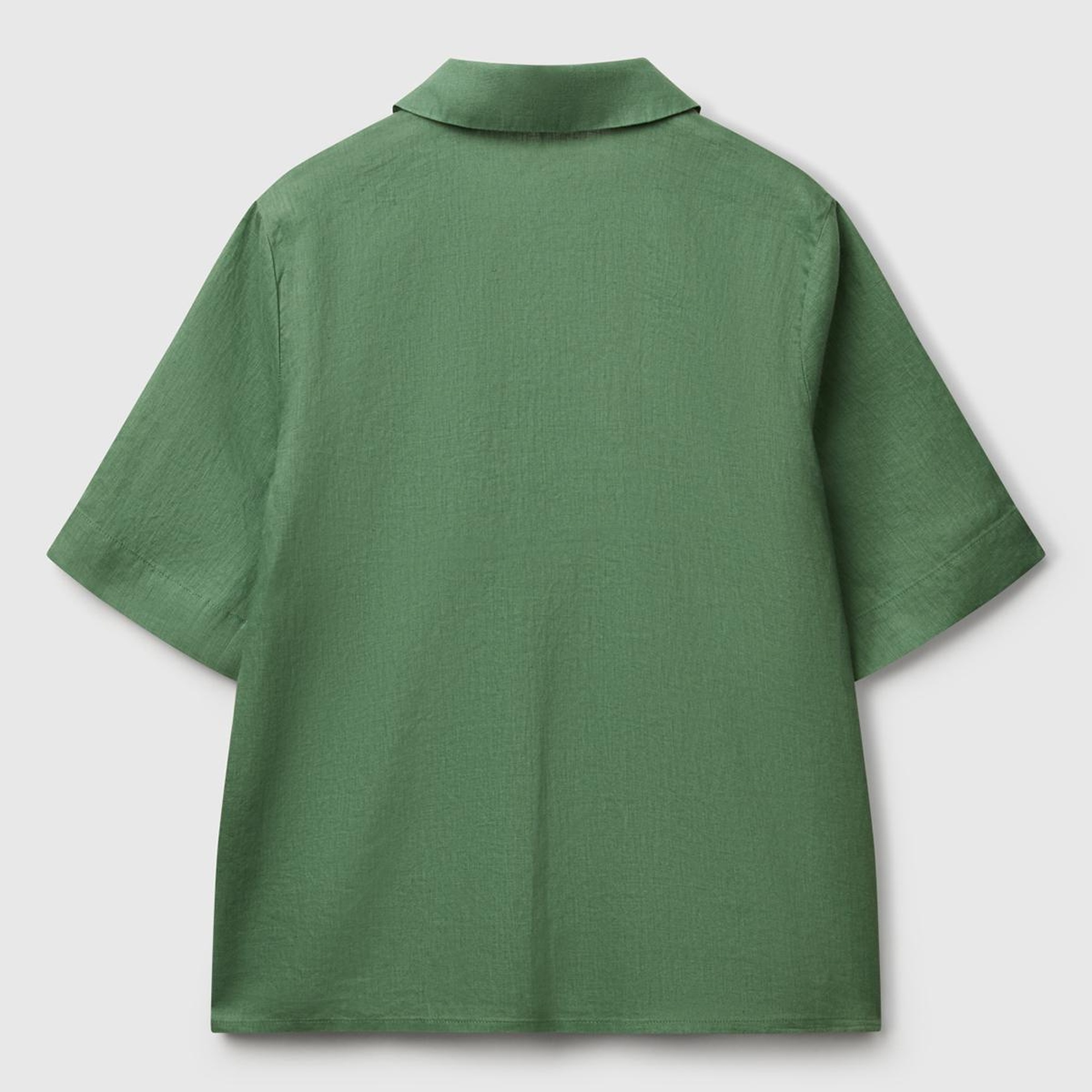 Kadın Açık Yeşil %100 Keten Relax Fit V Gömlek Yakalı Kısa Kollu Bluz