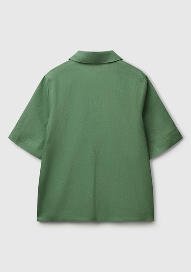  Kadın Açık Yeşil %100 Keten Relax Fit V Gömlek Yakalı Kısa Kollu Bluz