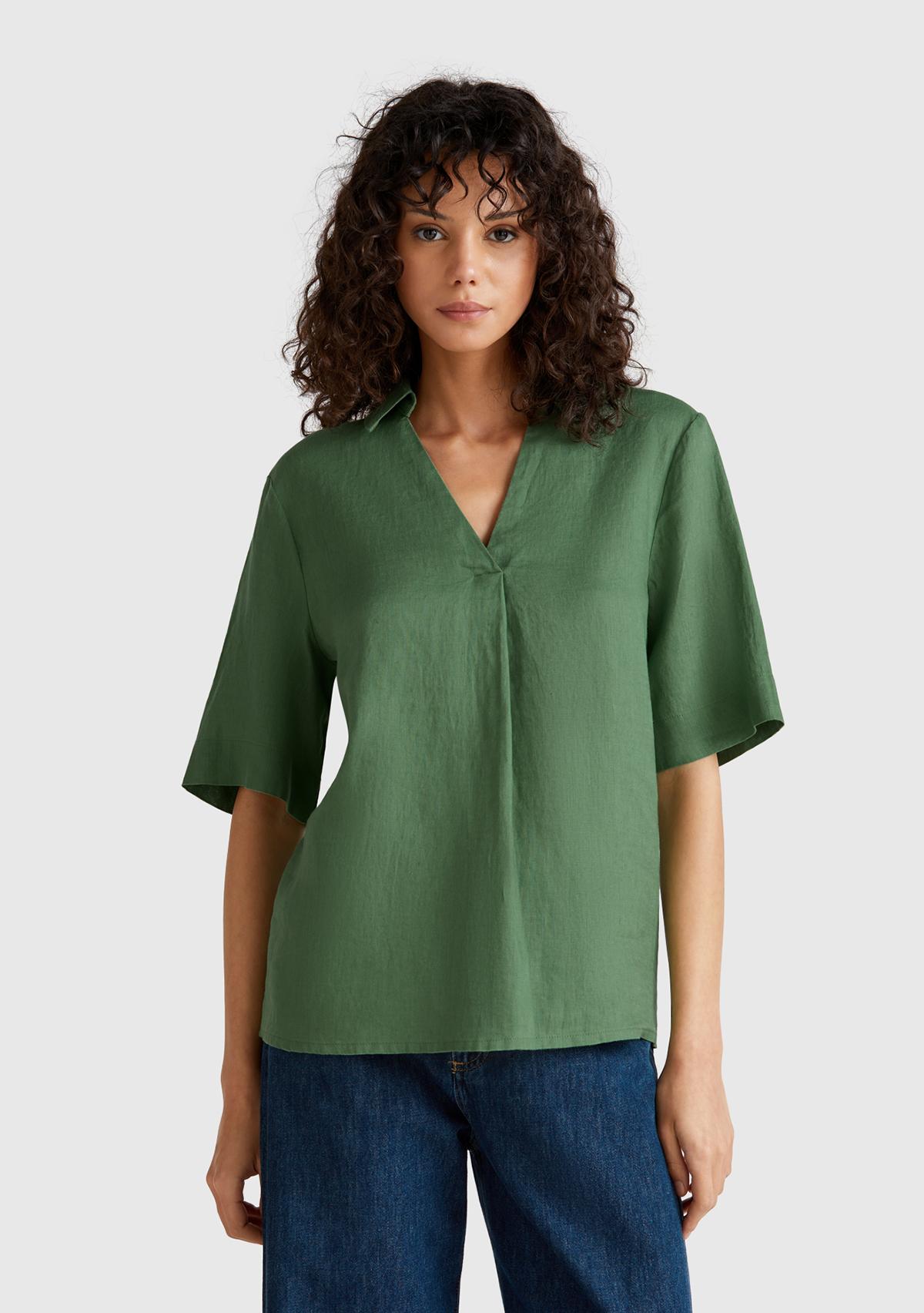  Kadın Açık Yeşil %100 Keten Relax Fit V Gömlek Yakalı Kısa Kollu Bluz