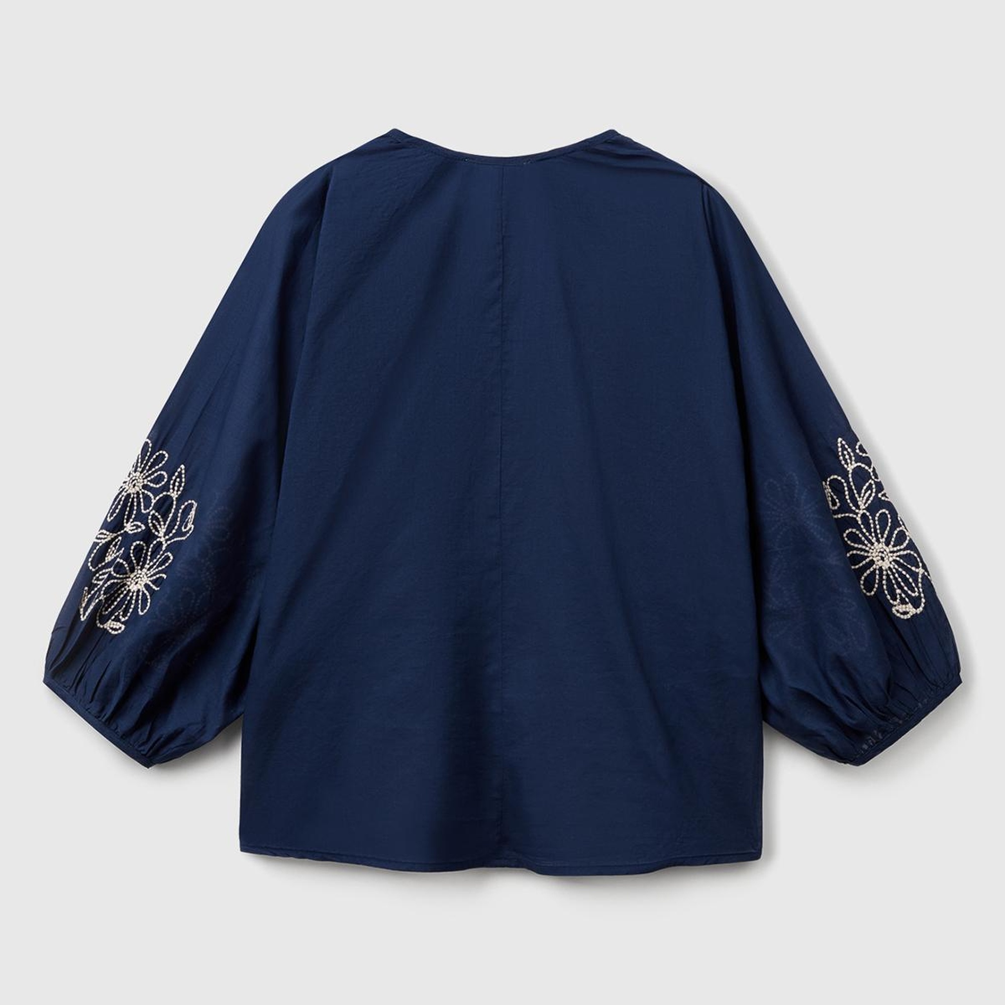 Kadın Lacivert %100 Koton Rahat Kalıp Kolları Çiçek İşlemeli Hakim Yaka Gömlek