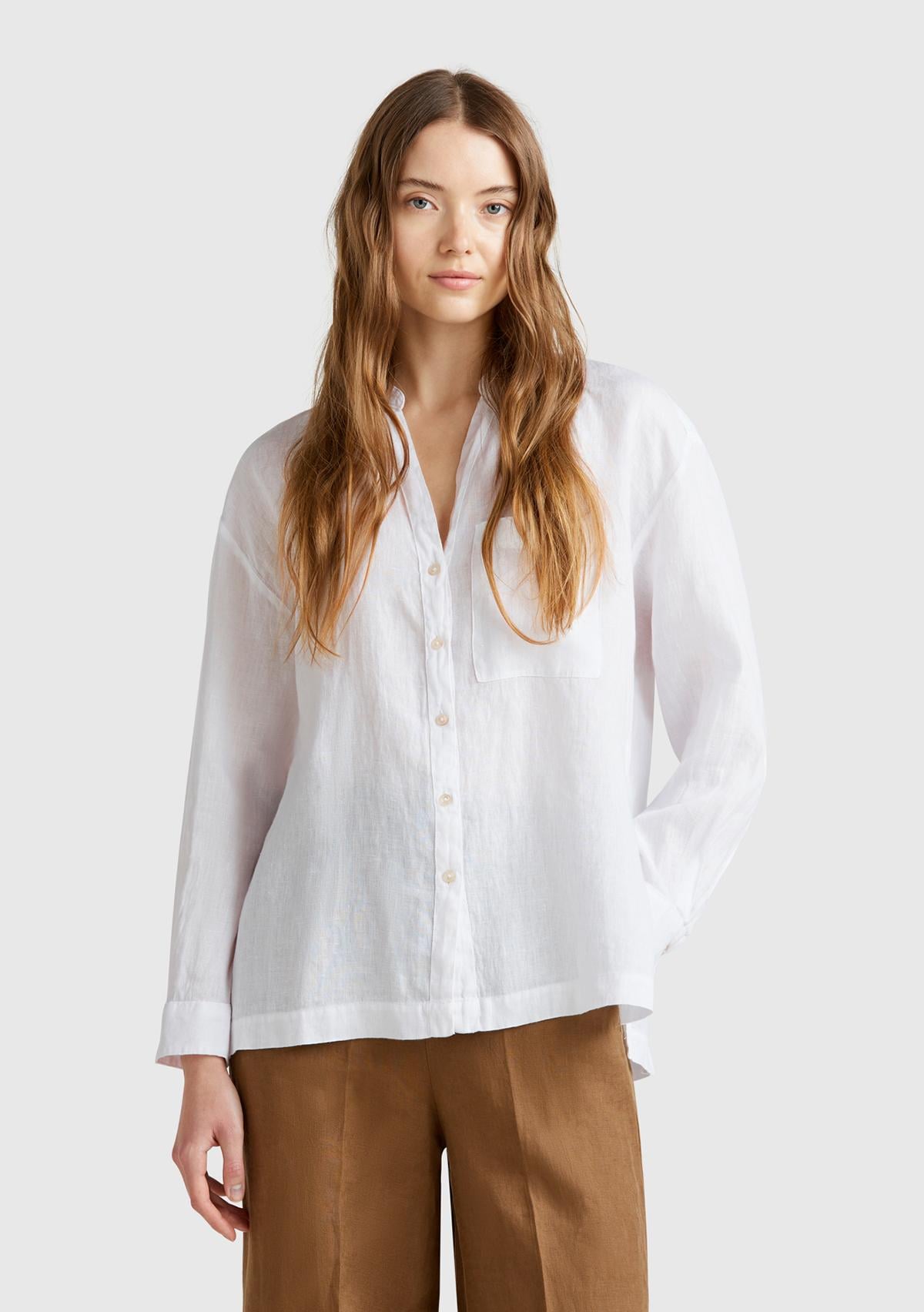  Kadın Beyaz %100 Keten Sol Önü Cepli Oversize Mandarin Yaka Gömlek