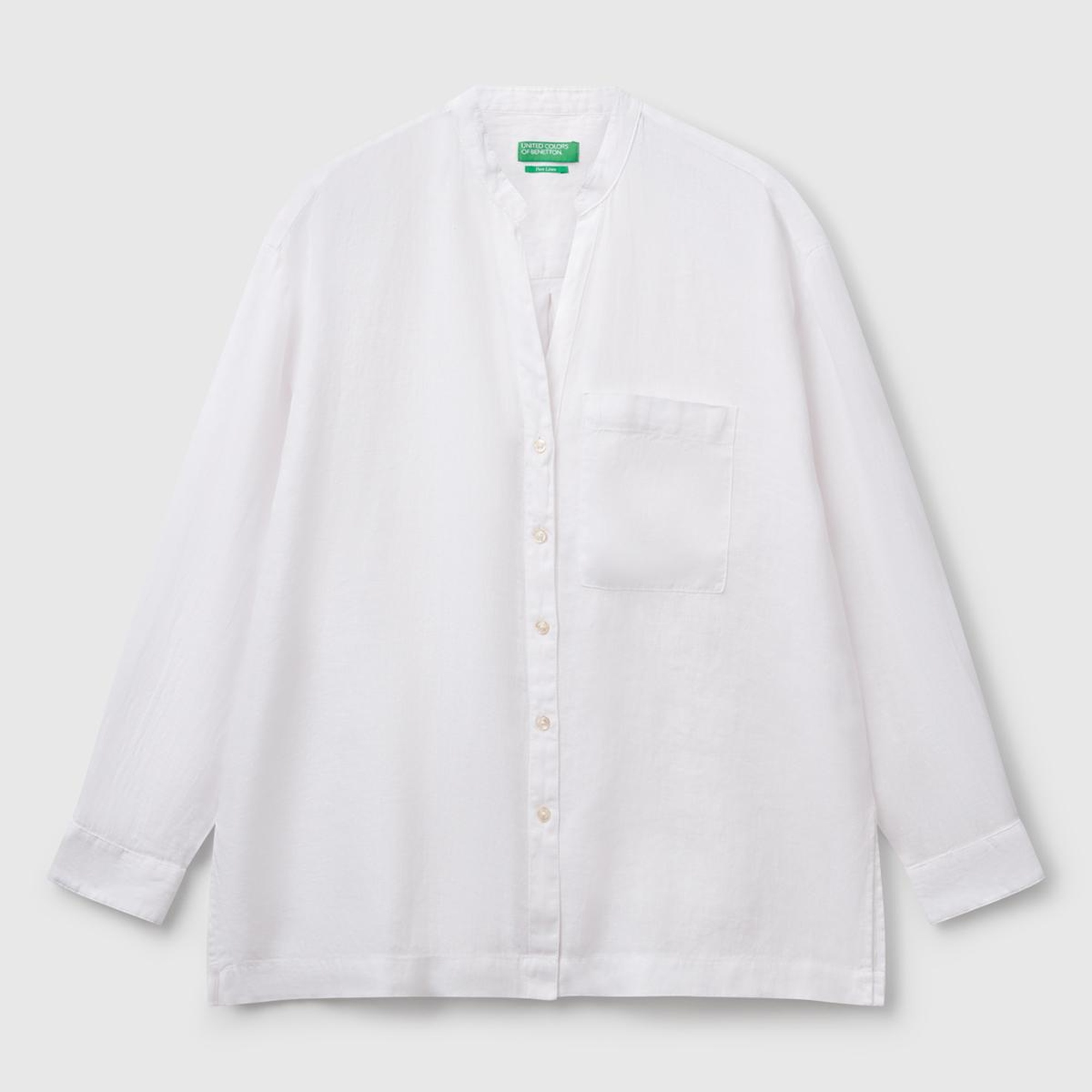 Kadın Beyaz %100 Keten Sol Önü Cepli Oversize Mandarin Yaka Gömlek