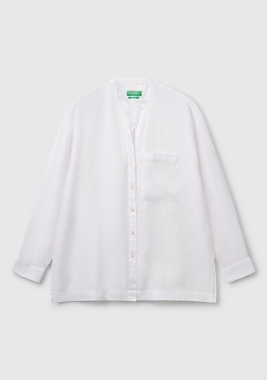  Kadın Beyaz %100 Keten Sol Önü Cepli Oversize Mandarin Yaka Gömlek