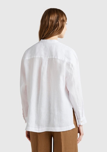  Kadın Beyaz %100 Keten Sol Önü Cepli Oversize Mandarin Yaka Gömlek