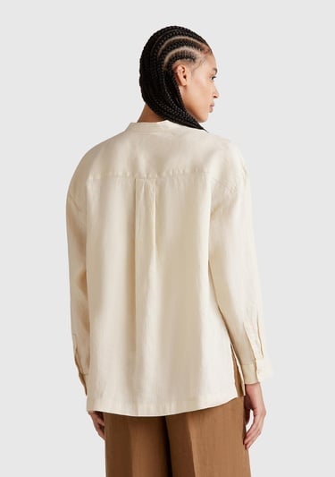  Kadın Taş Rengi %100 Keten Sol Önü Cepli Oversize Mandarin Yaka Gömlek