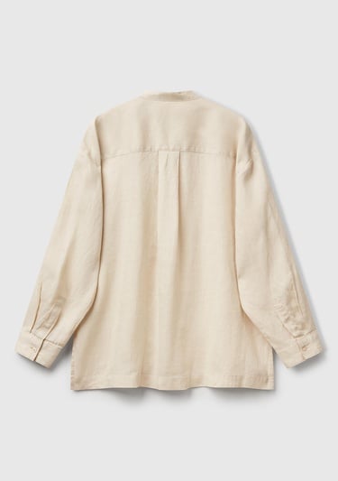  Kadın Taş Rengi %100 Keten Sol Önü Cepli Oversize Mandarin Yaka Gömlek