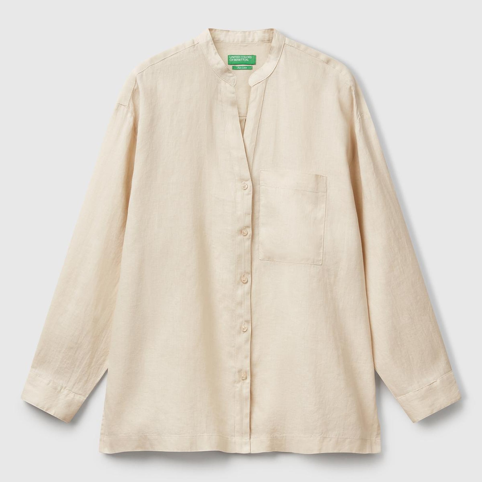 Kadın Taş Rengi %100 Keten Sol Önü Cepli Oversize Mandarin Yaka Gömlek