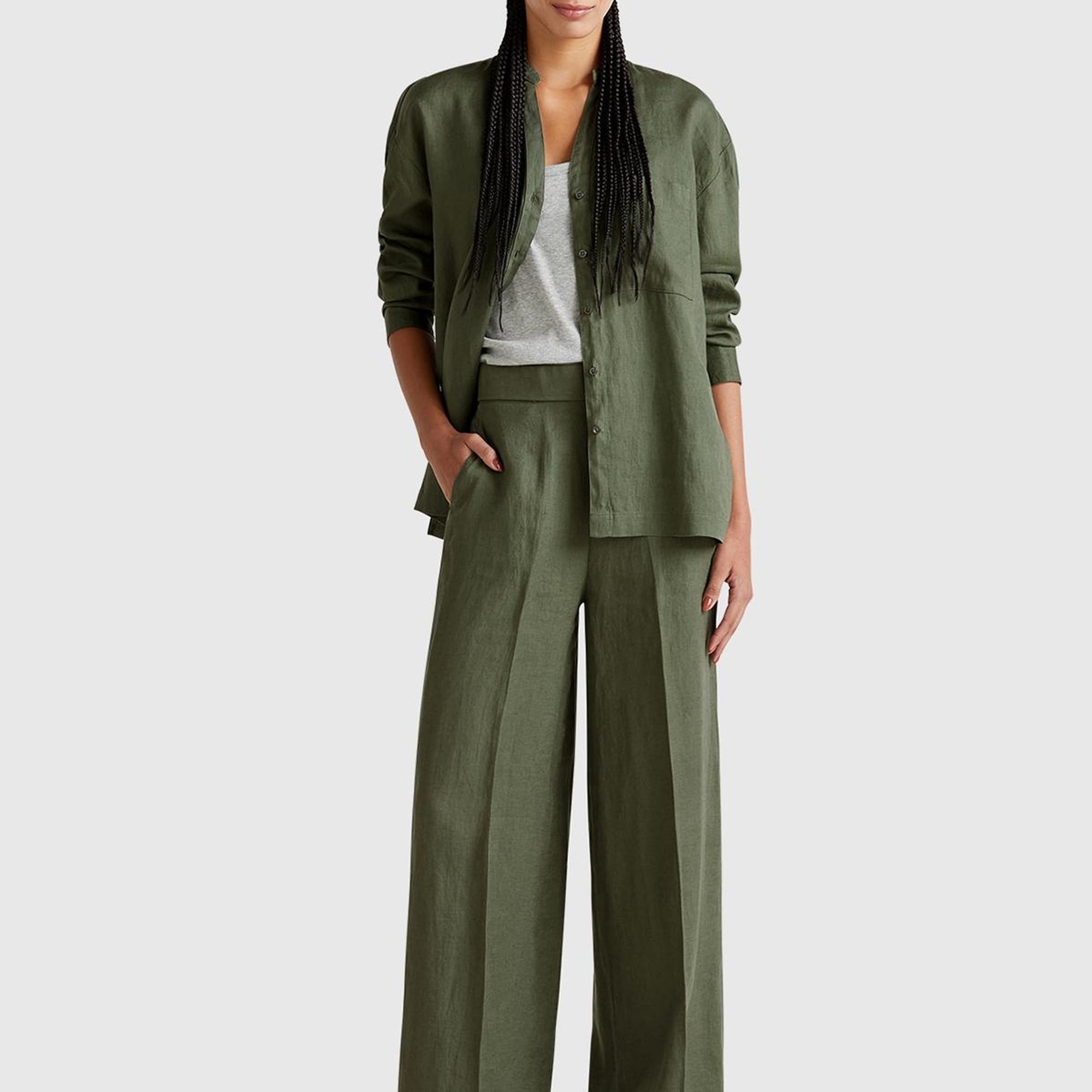 Kadın Haki %100 Keten Sol Önü Cepli Oversize Mandarin Yaka Gömlek