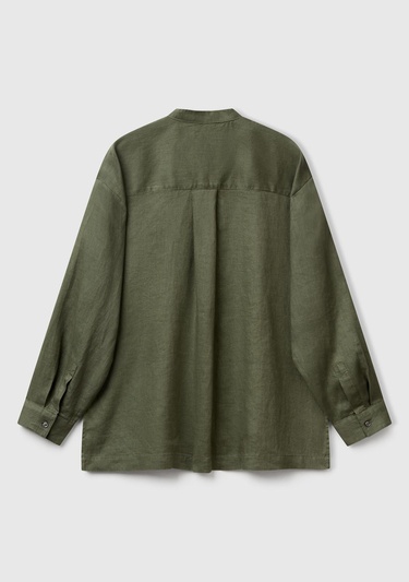  Kadın Haki %100 Keten Sol Önü Cepli Oversize Mandarin Yaka Gömlek