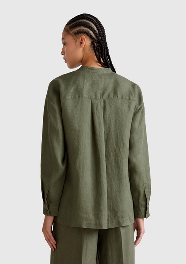 Kadın Haki %100 Keten Sol Önü Cepli Oversize Mandarin Yaka Gömlek