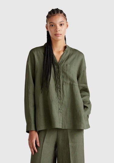  Kadın Haki %100 Keten Sol Önü Cepli Oversize Mandarin Yaka Gömlek