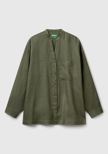  Kadın Haki %100 Keten Sol Önü Cepli Oversize Mandarin Yaka Gömlek