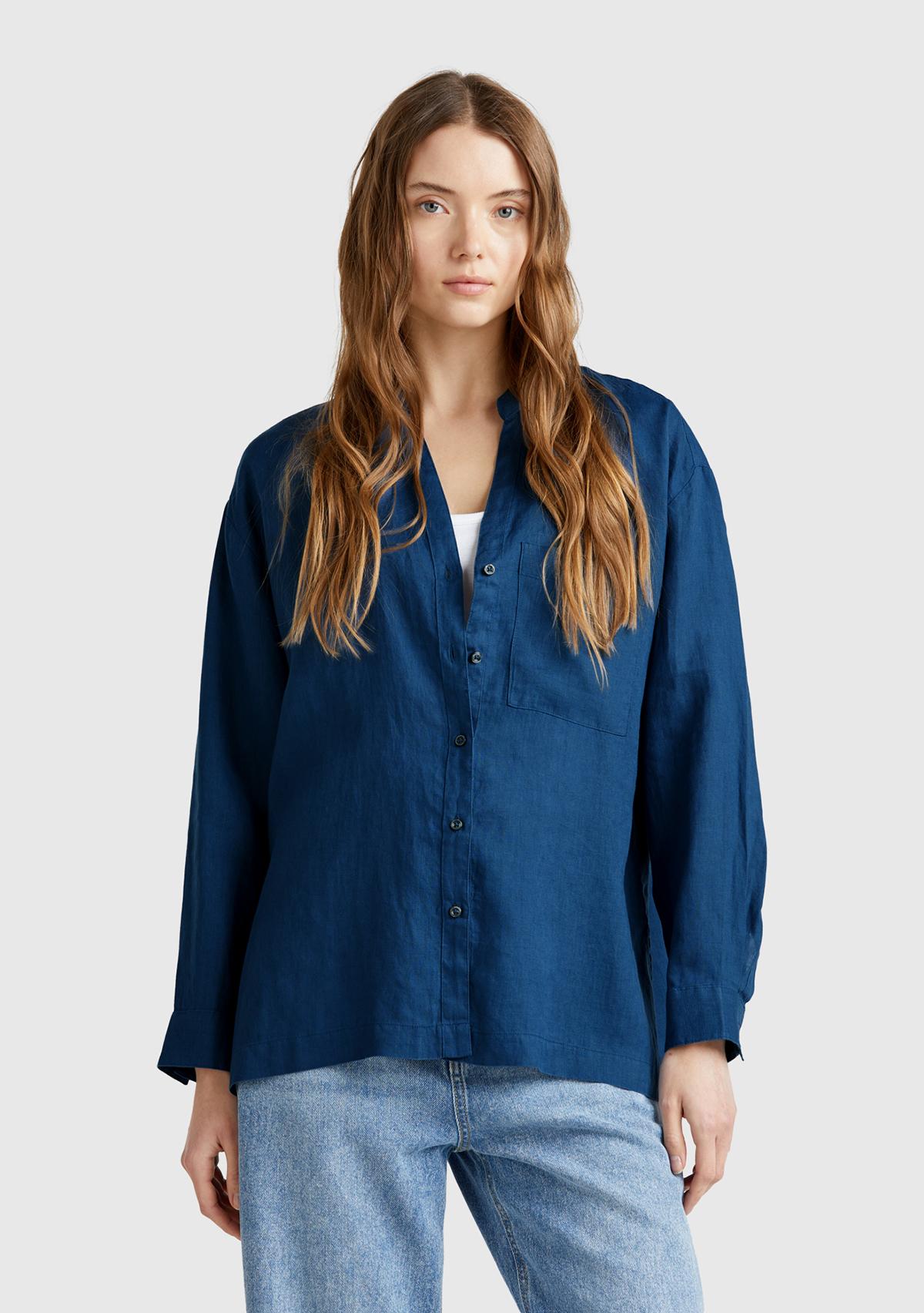  Kadın Denim %100 Keten Sol Önü Cepli Oversize Mandarin Yaka Gömlek