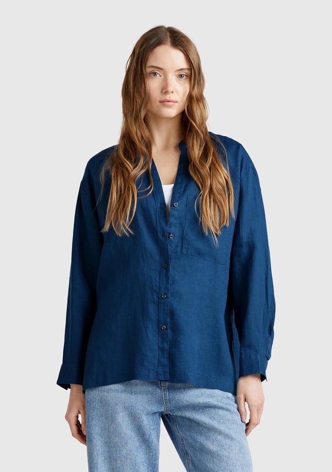  Kadın Denim %100 Keten Sol Önü Cepli Oversize Mandarin Yaka Gömlek