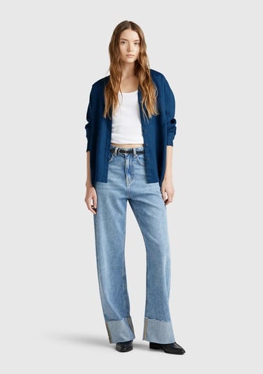  Kadın Denim %100 Keten Sol Önü Cepli Oversize Mandarin Yaka Gömlek