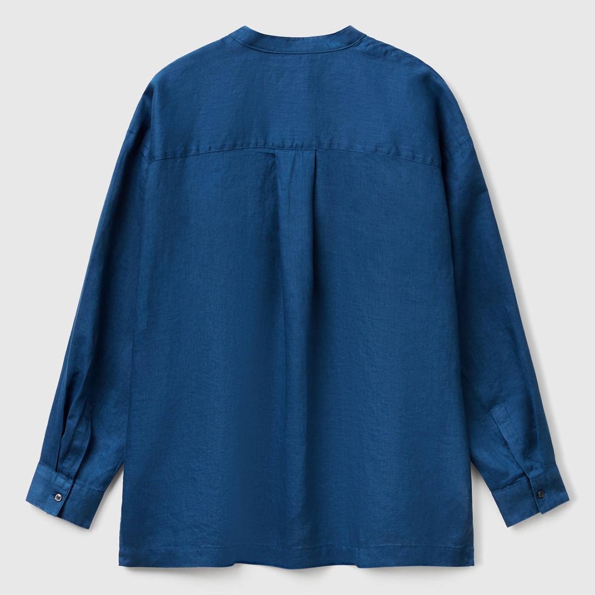 Kadın Denim %100 Keten Sol Önü Cepli Oversize Mandarin Yaka Gömlek